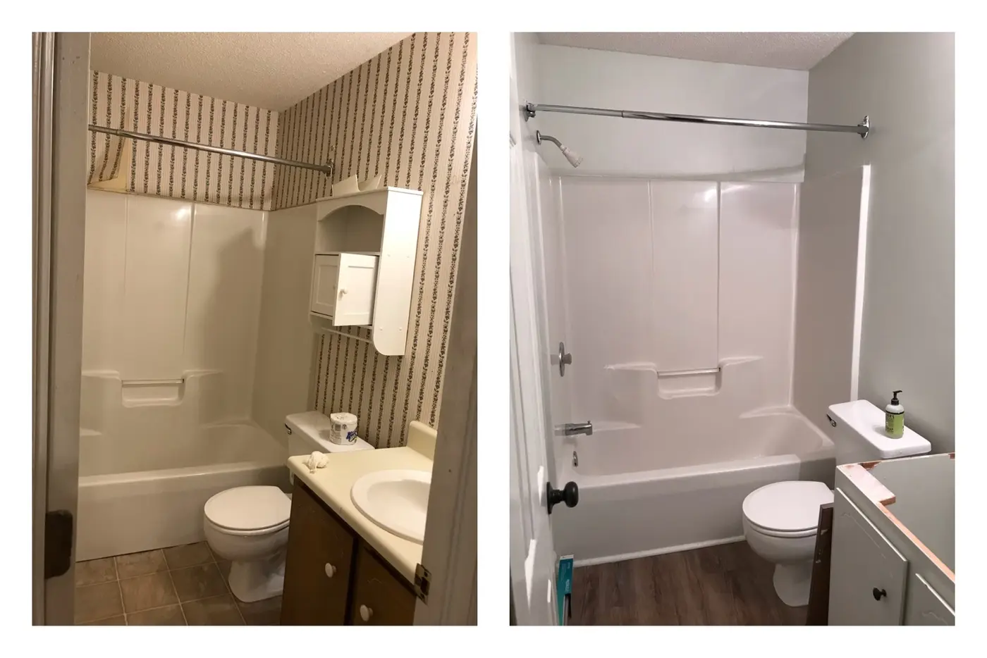 Before and after side by side: the bathroom with dated wallpaper and an old tub surround, then renovated with a new shower surround and flooring