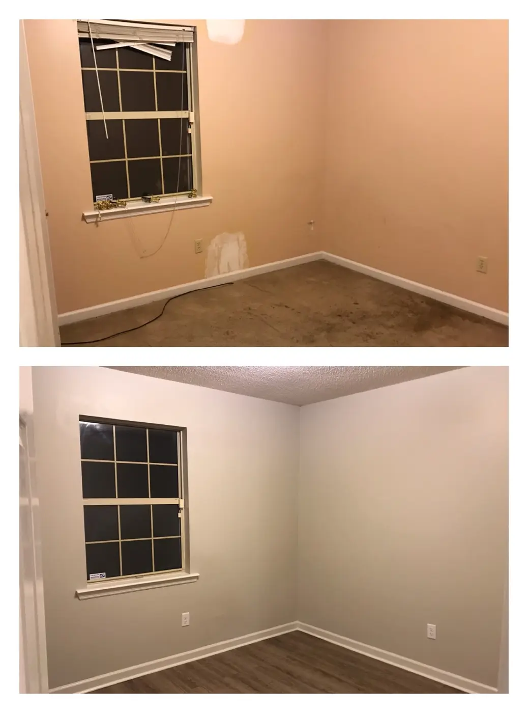 Before and after stacked: the bedroom with peach walls and stained carpet, then repainted gray with new wood-look flooring