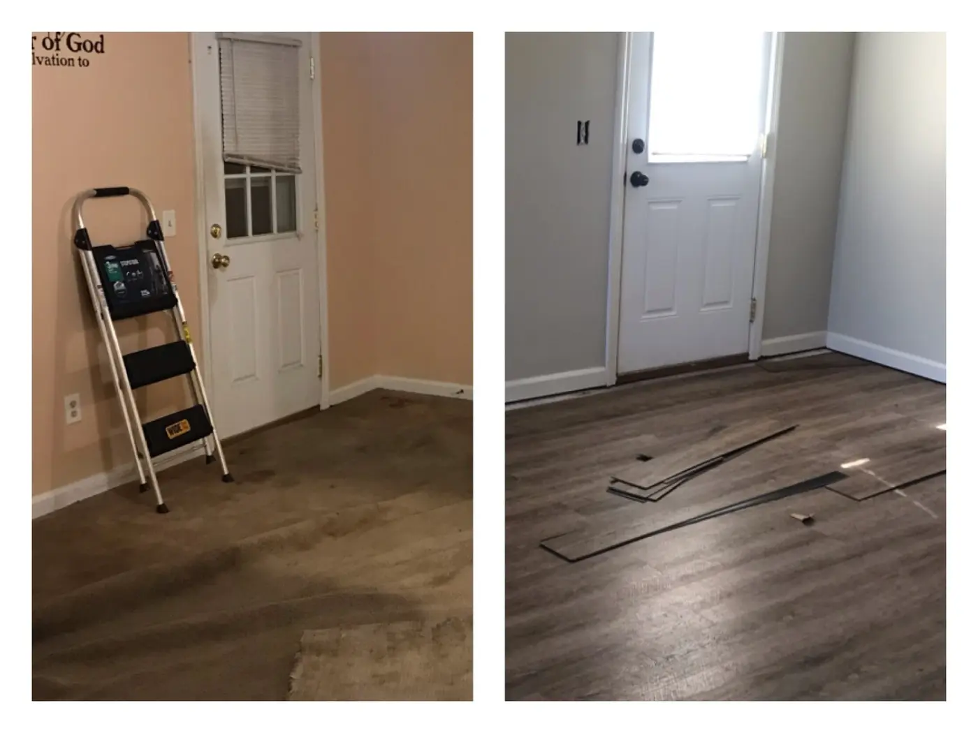 Before and after side by side: the entryway with old carpet and a ladder, then finished with new wood-look flooring