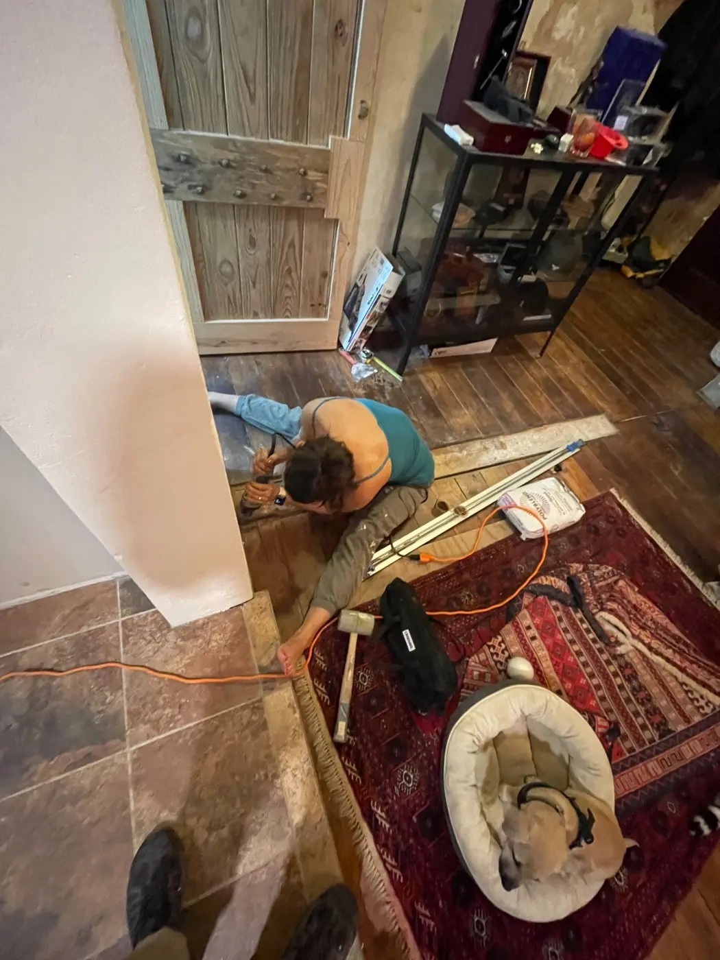 Working on the floor trim by hand while our dog naps nearby, living in the middle of the renovation