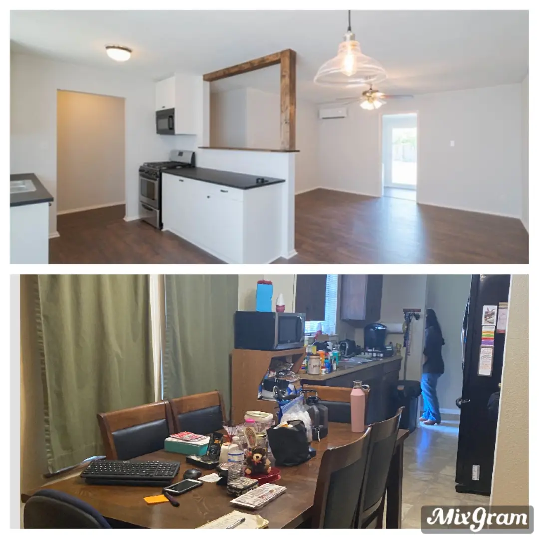 Before-and-after composite: the cluttered dining area and kitchen before, and the same open space with a wood beam accent and dark plank flooring after