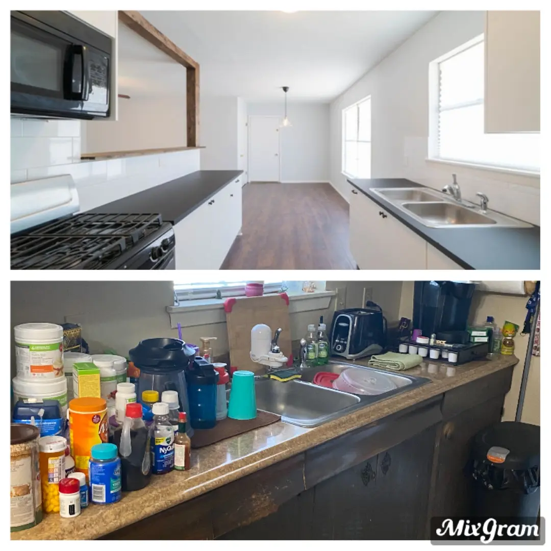 Before-and-after composite: the cluttered kitchen counter and sink before, and the same galley kitchen with white cabinets, black countertops, and a stainless sink after