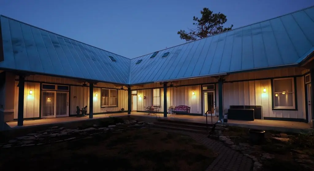 The finished courtyard at dusk, wrapped by the house's metal roofline with porch lights glowing along every wall